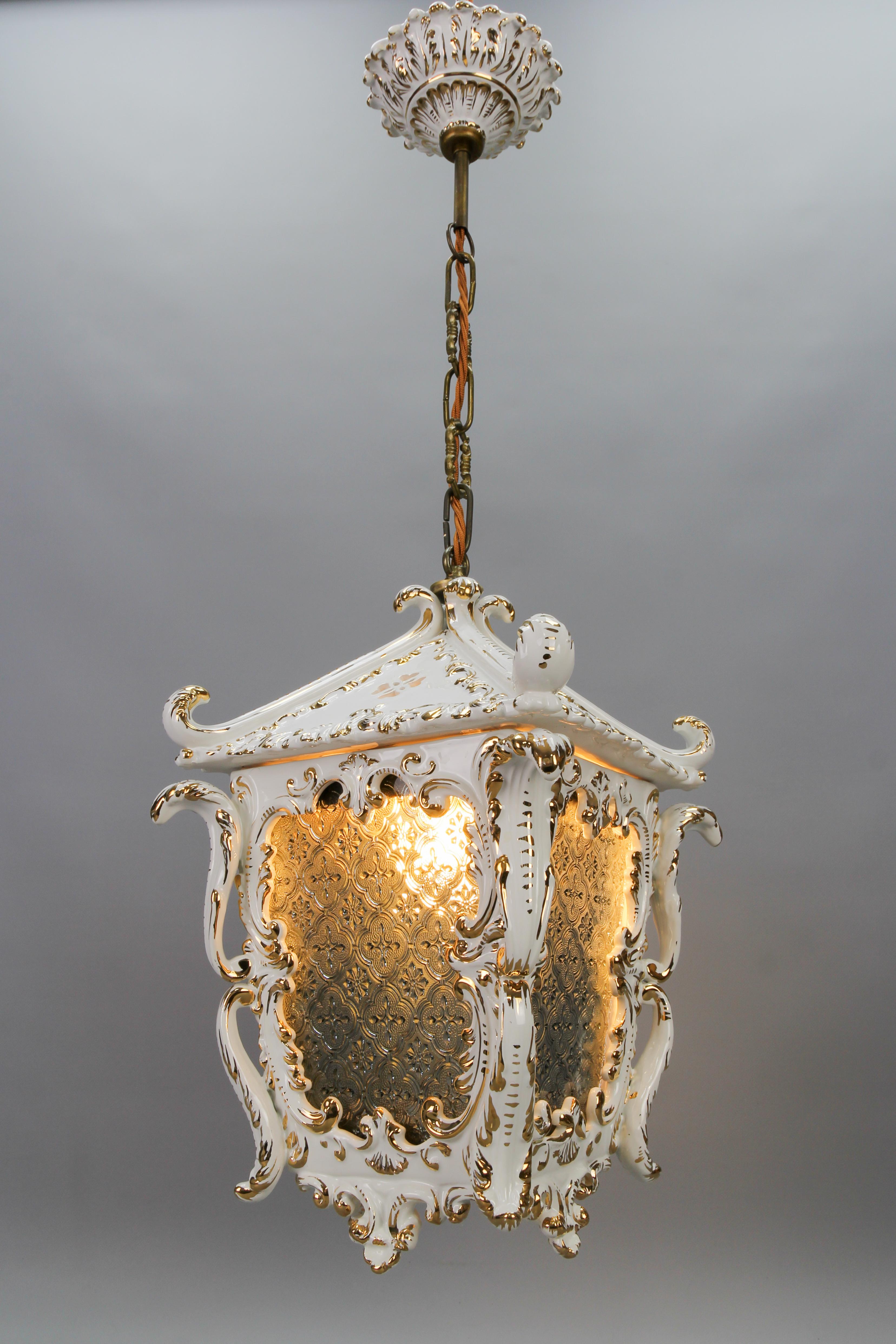 Painted Vintage French Rococo Style White Ceramic and Glass Hanging Lantern, 1970s For Sale