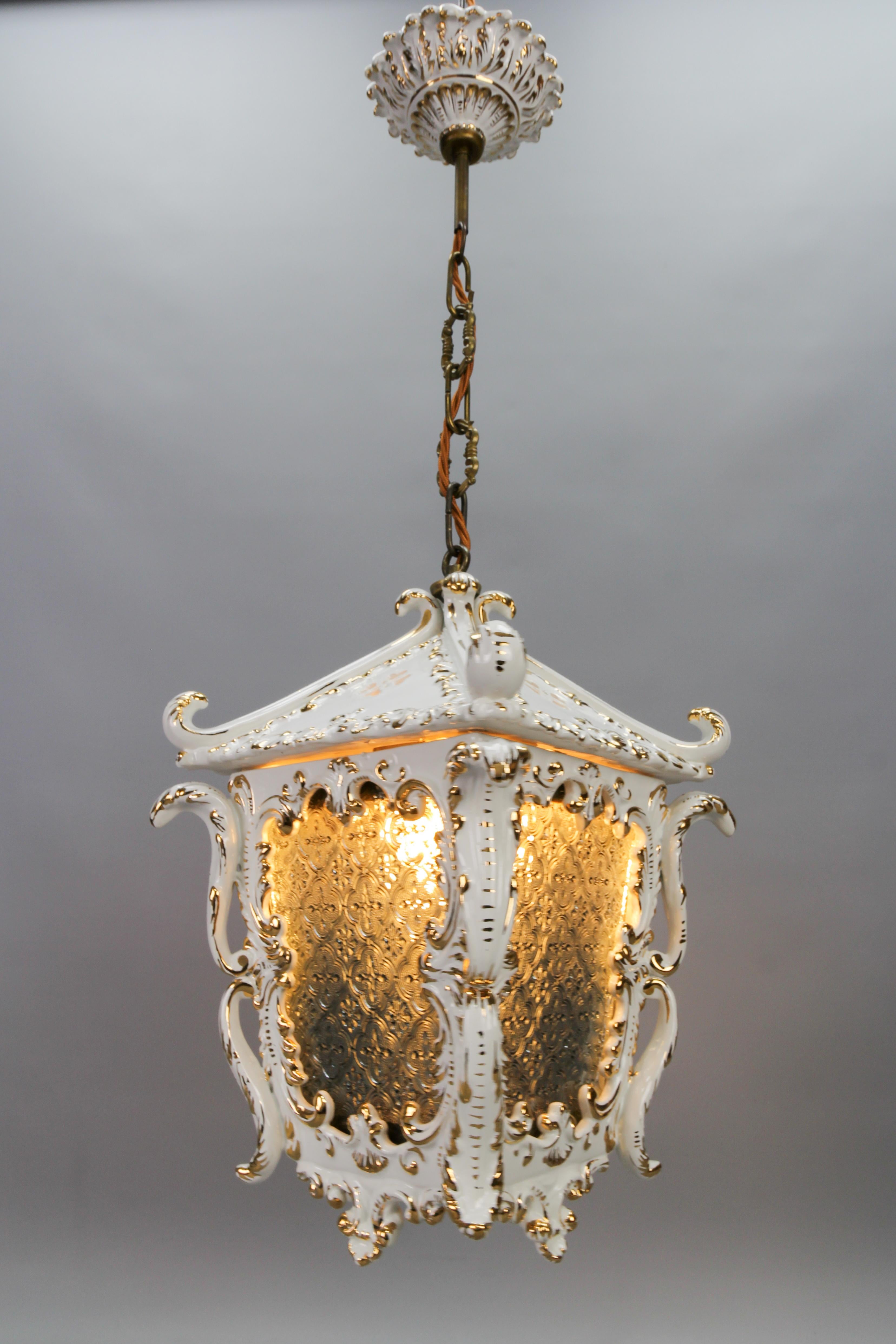 Late 20th Century Vintage French Rococo Style White Ceramic and Glass Hanging Lantern, 1970s For Sale