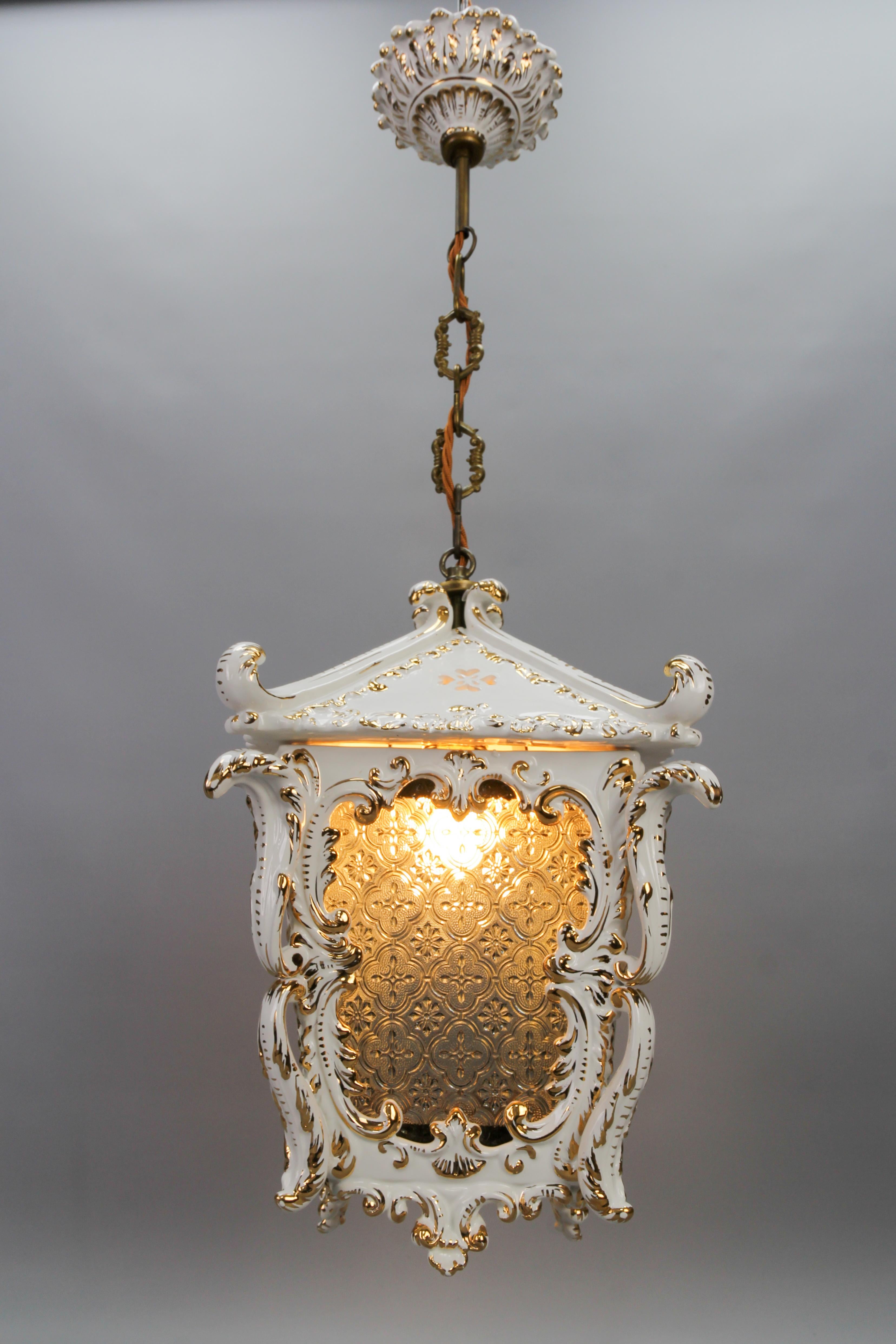 Vintage French Rococo Style White Ceramic and Glass Hanging Lantern, 1970s For Sale 1