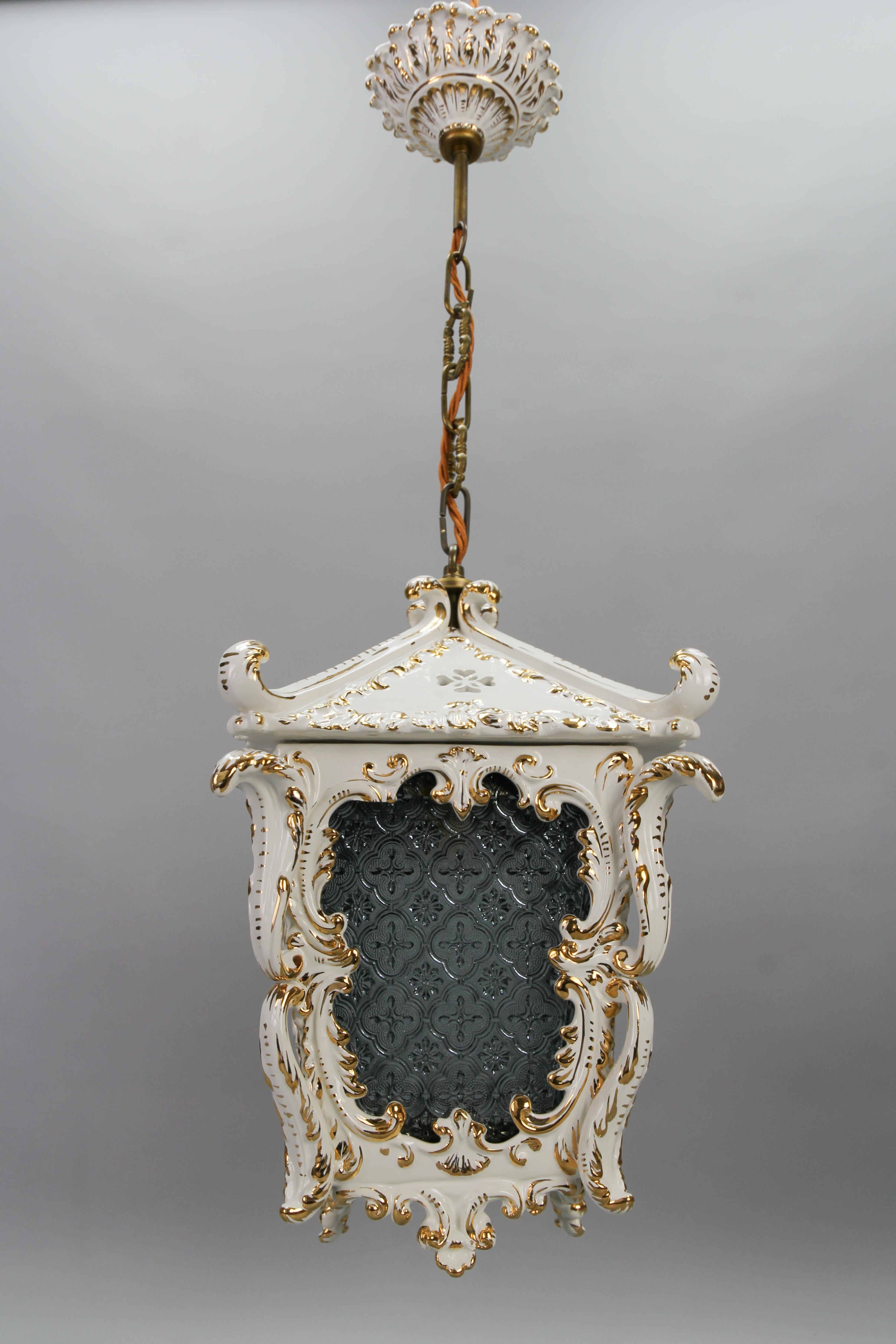 Vintage French Rococo Style White Ceramic and Glass Hanging Lantern, 1970s For Sale 2