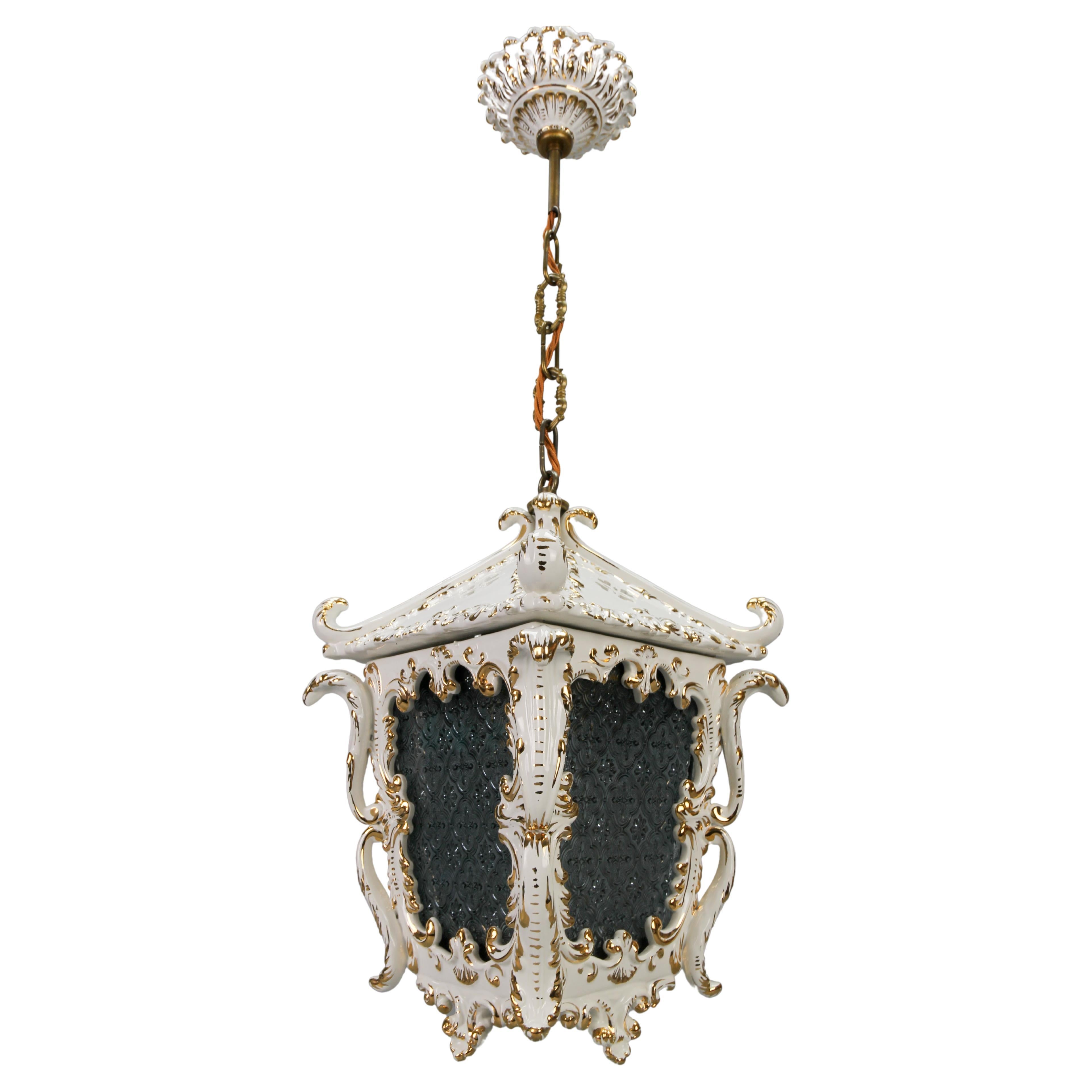 Vintage French Rococo Style White Ceramic and Glass Hanging Lantern, 1970s