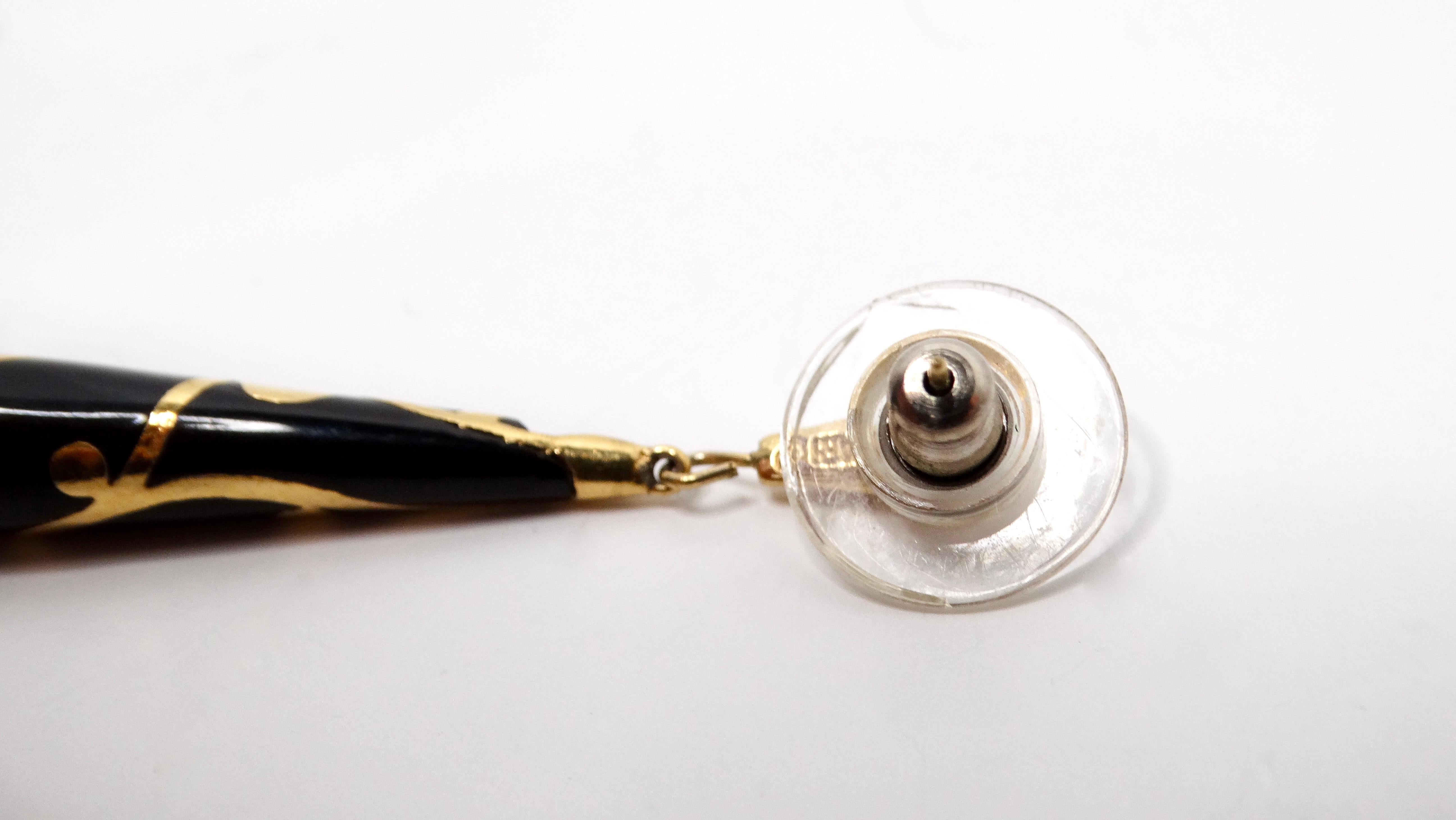 Women's Vintage French Romantic Black Enamel & 18k Gold Plated Dangle Earrings For Sale