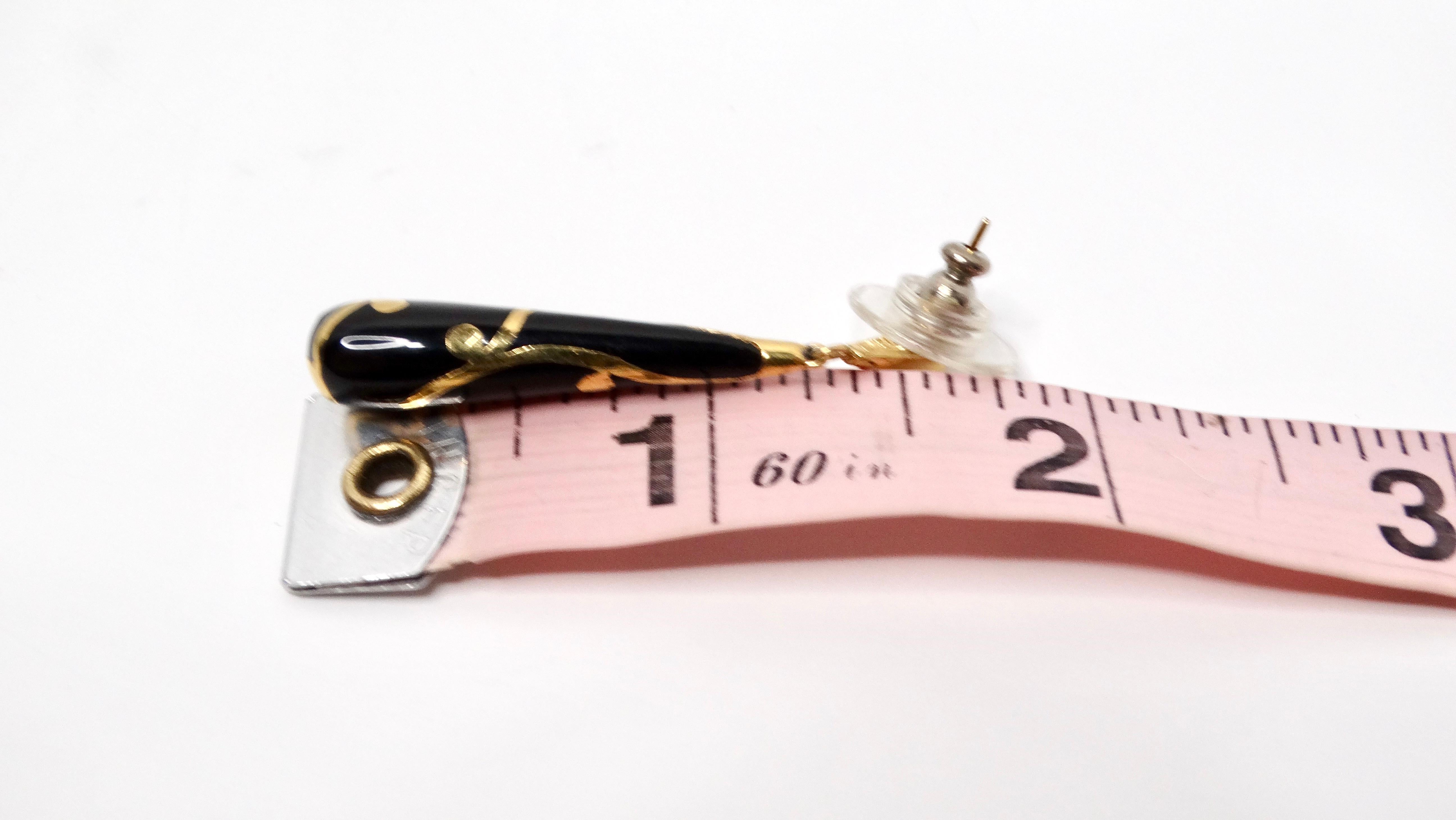 Vintage French Romantic Black Enamel & 18k Gold Plated Dangle Earrings For Sale 1