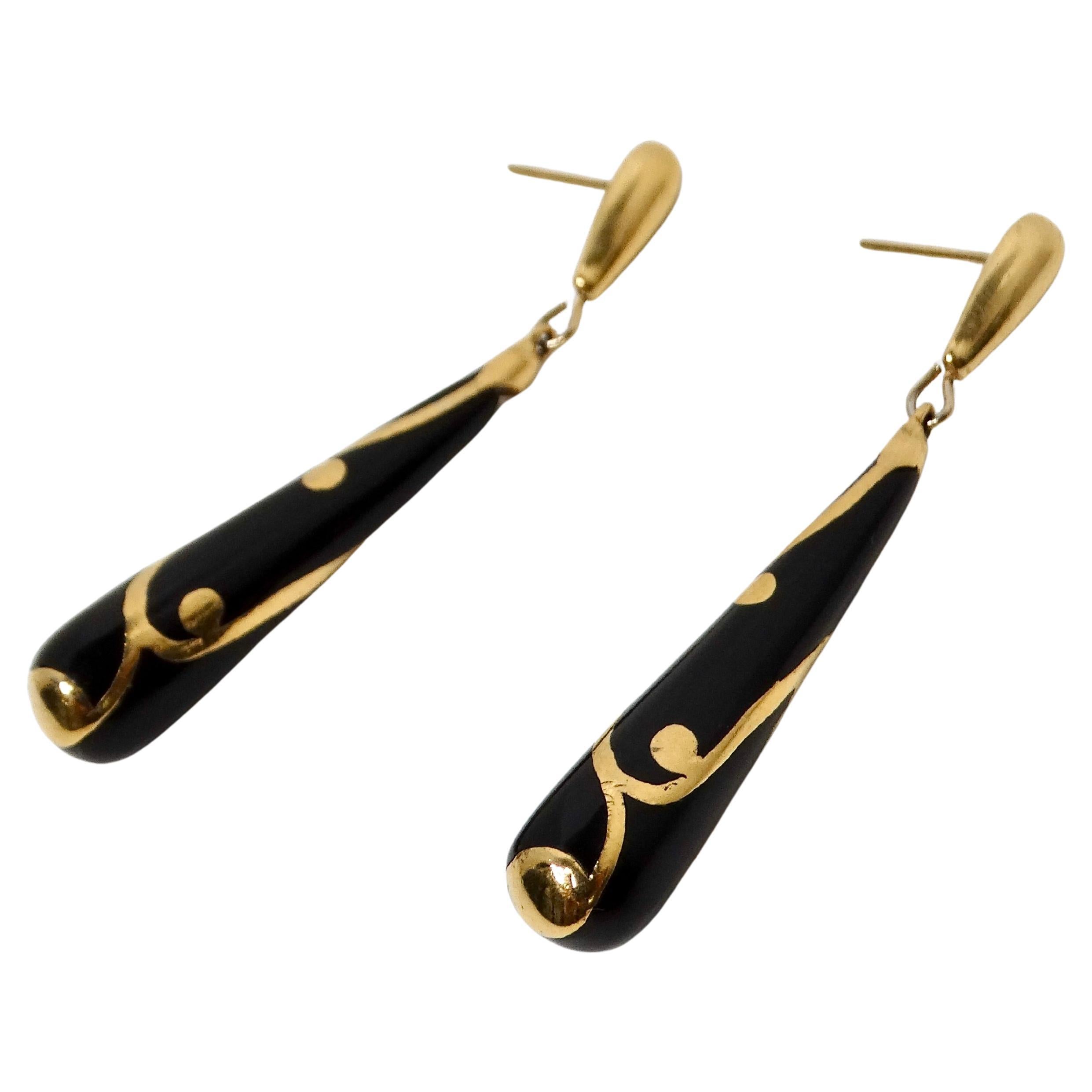 Vintage French Romantic Black Enamel & 18k Gold Plated Dangle Earrings For Sale