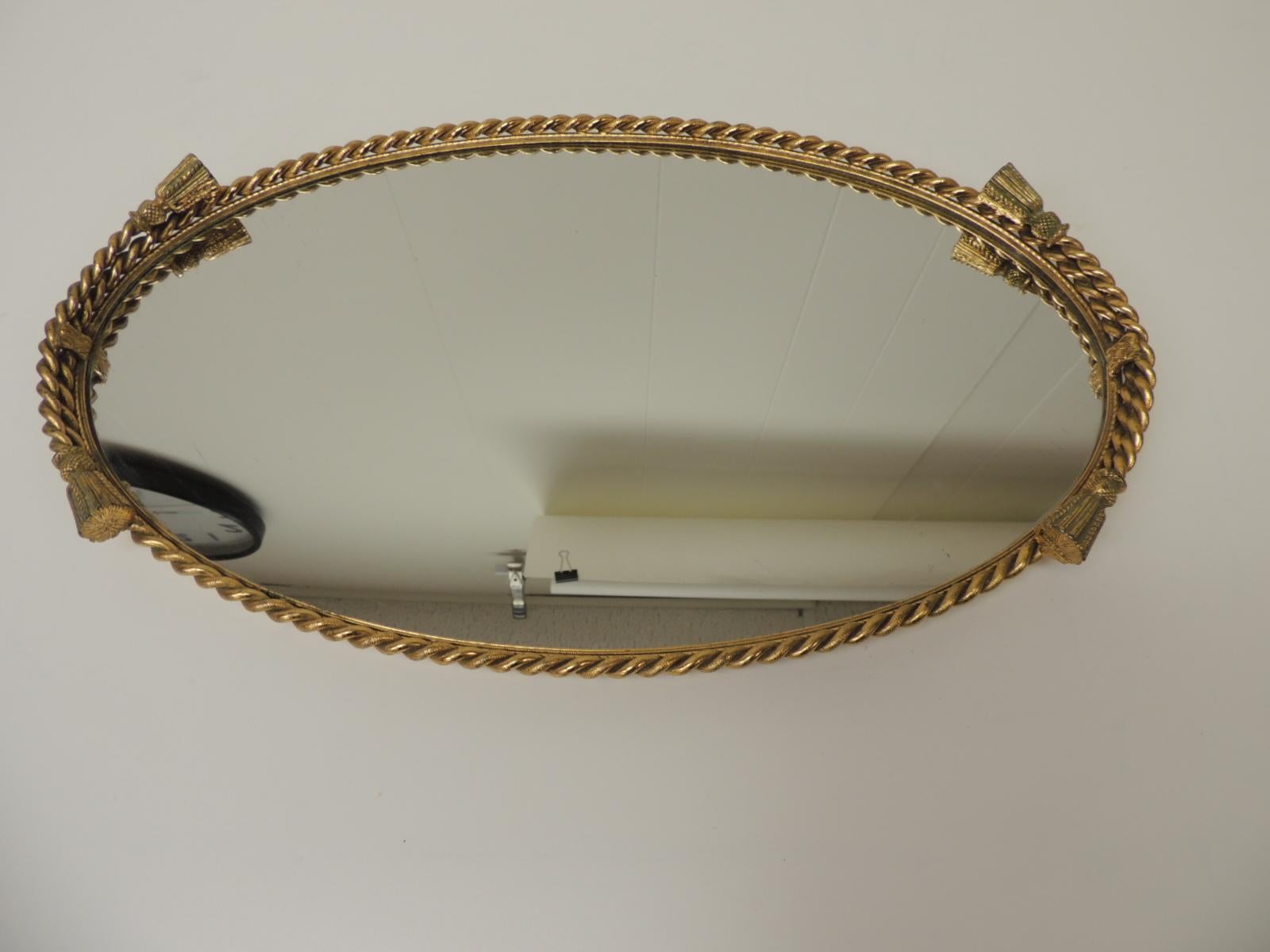 Art Deco Vintage French Rope and Tassels Large Oval Brass Vanity Tray with Mirror