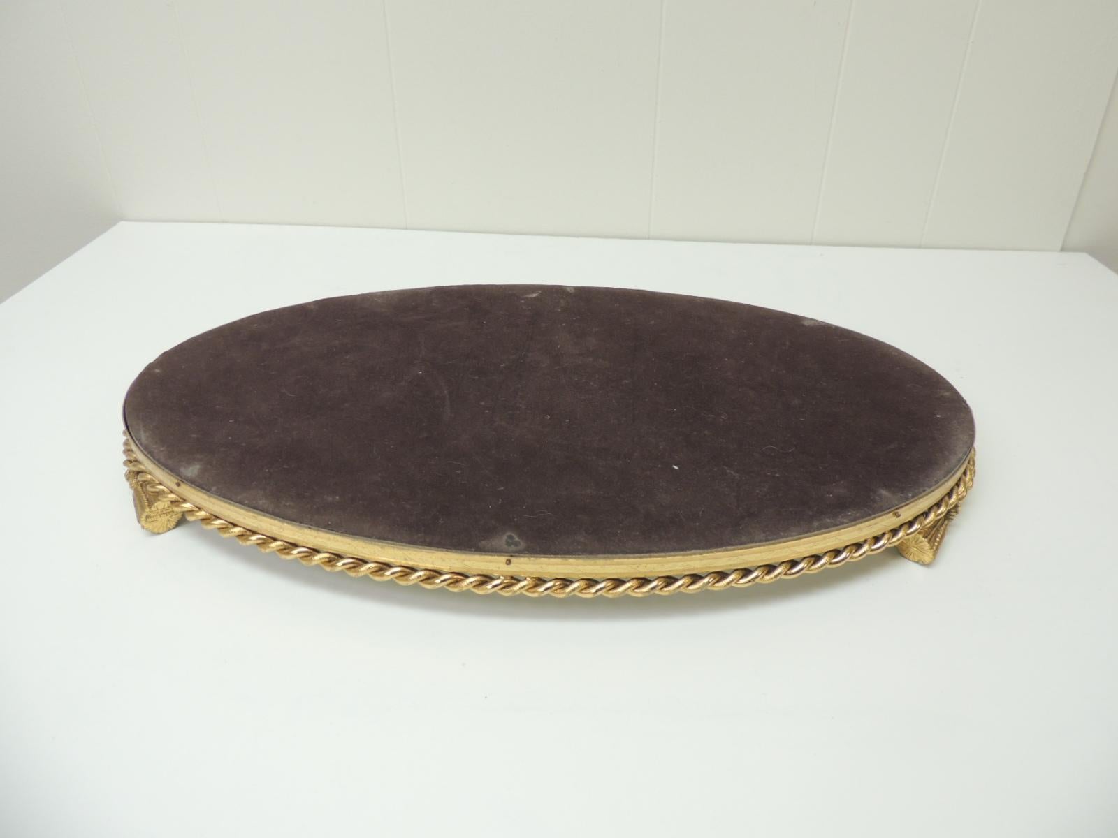 Machine-Made Vintage French Rope and Tassels Large Oval Brass Vanity Tray with Mirror