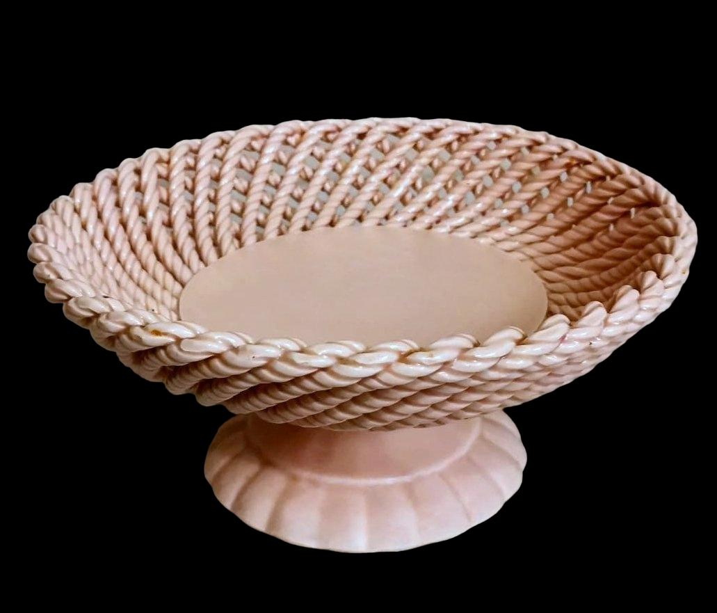 French Provincial Vintage French Rose Glazed Earthenware Centerpiece Woven Tableware For Sale