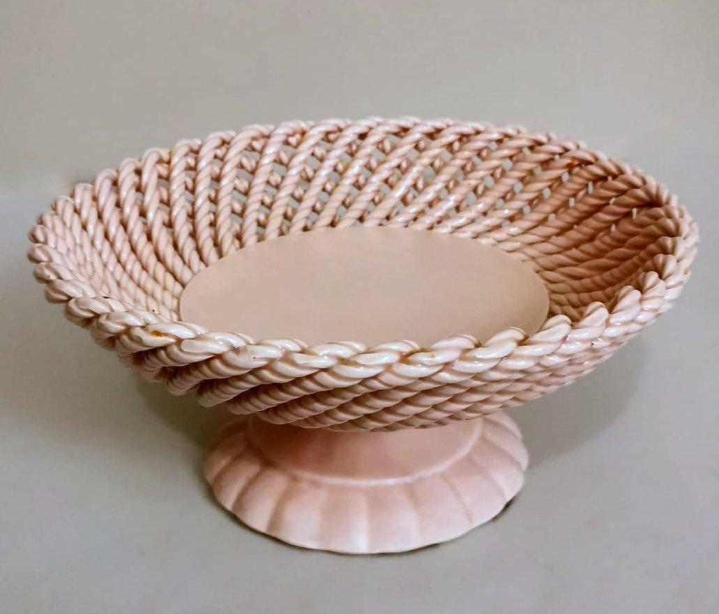 Hand-Crafted Vintage French Rose Glazed Earthenware Centerpiece Woven Tableware For Sale