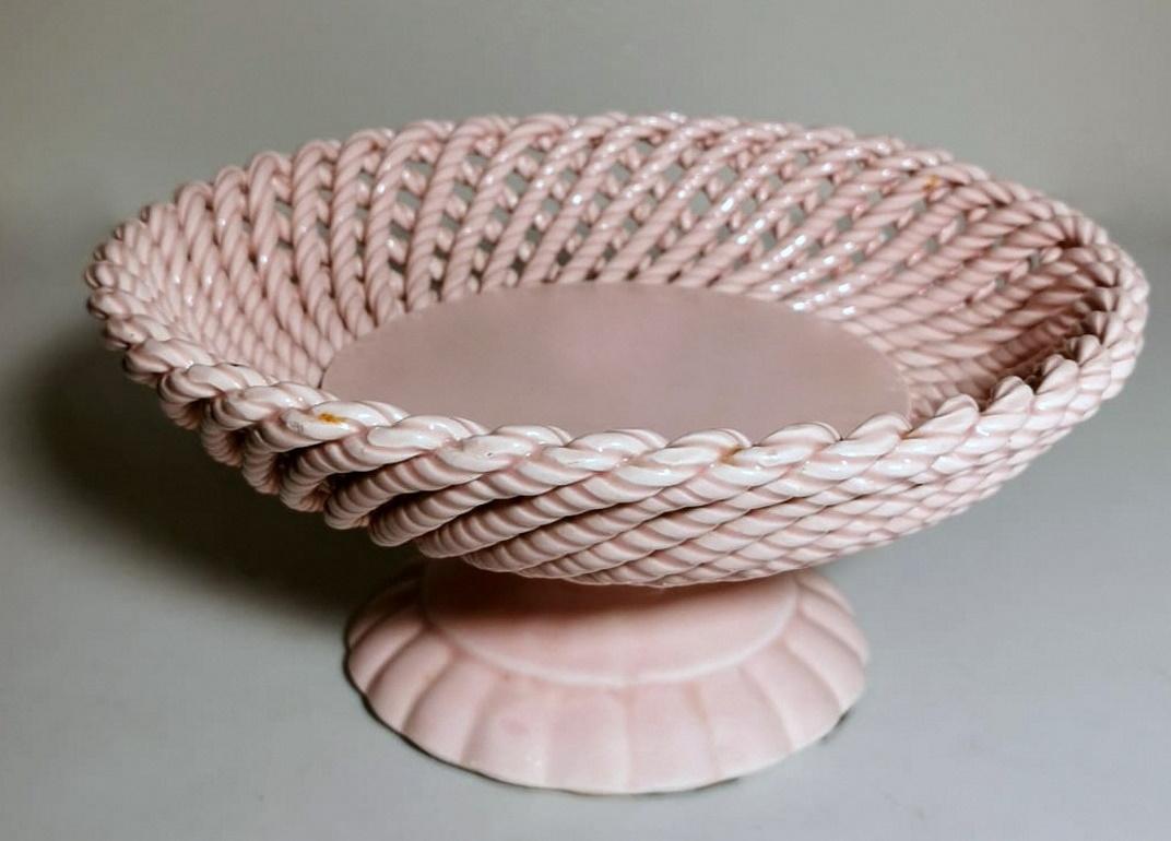 20th Century Vintage French Rose Glazed Earthenware Centerpiece Woven Tableware For Sale