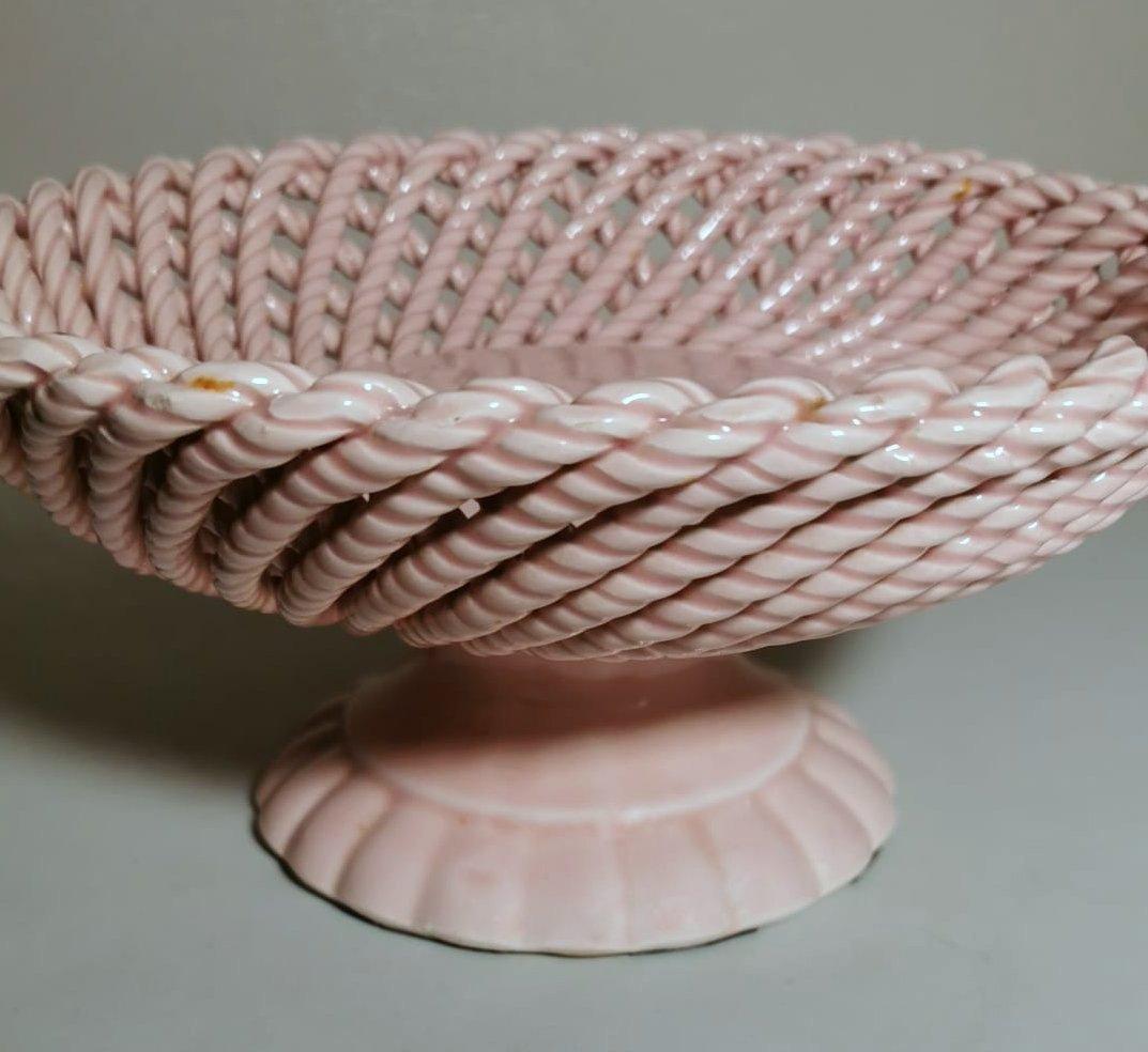 Ceramic Vintage French Rose Glazed Earthenware Centerpiece Woven Tableware For Sale