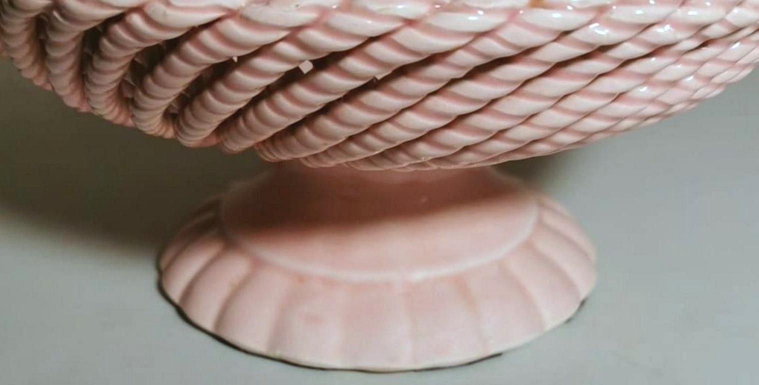 Vintage French Rose Glazed Earthenware Centerpiece Woven Tableware For Sale 2