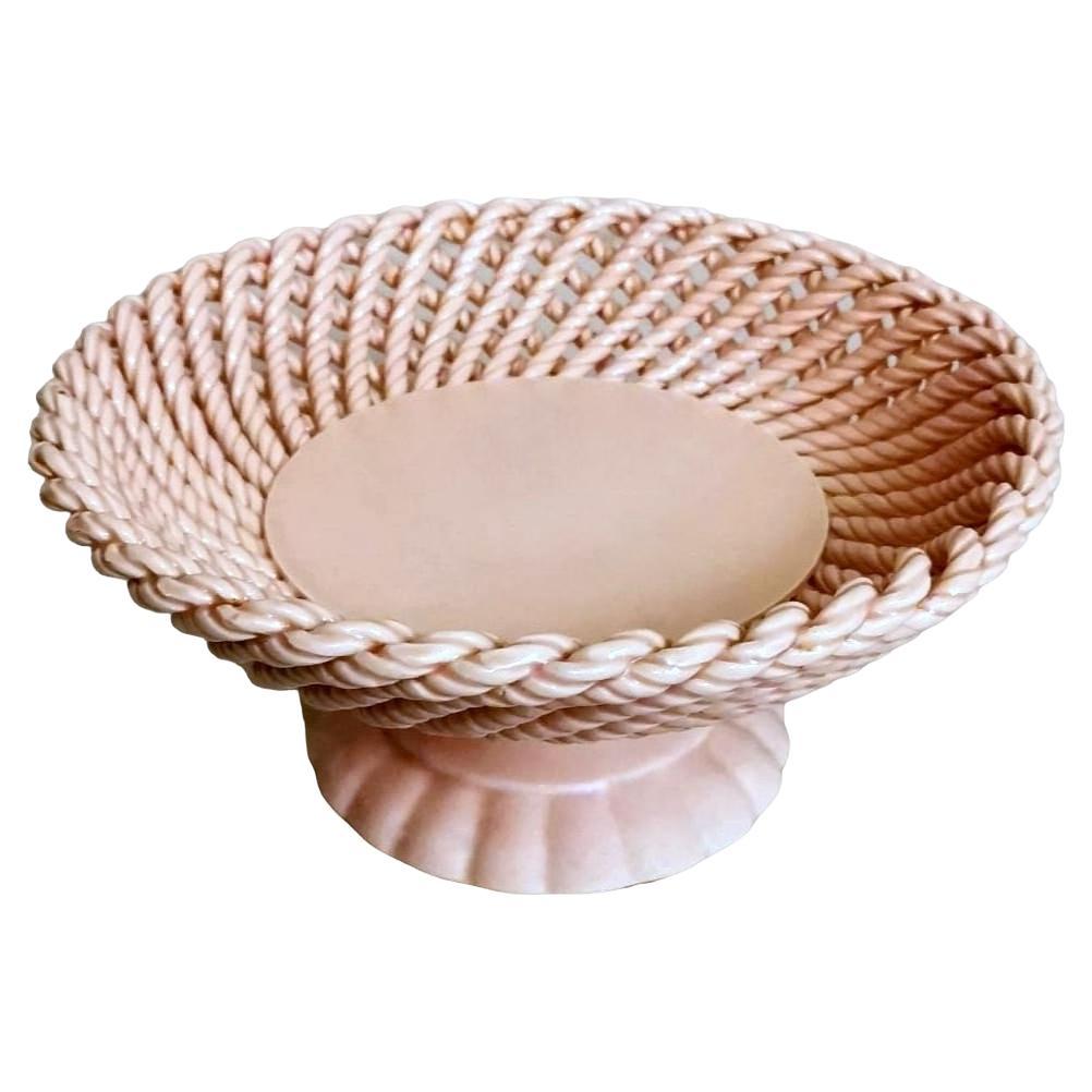 Vintage French Rose Glazed Earthenware Centerpiece Woven Tableware For Sale