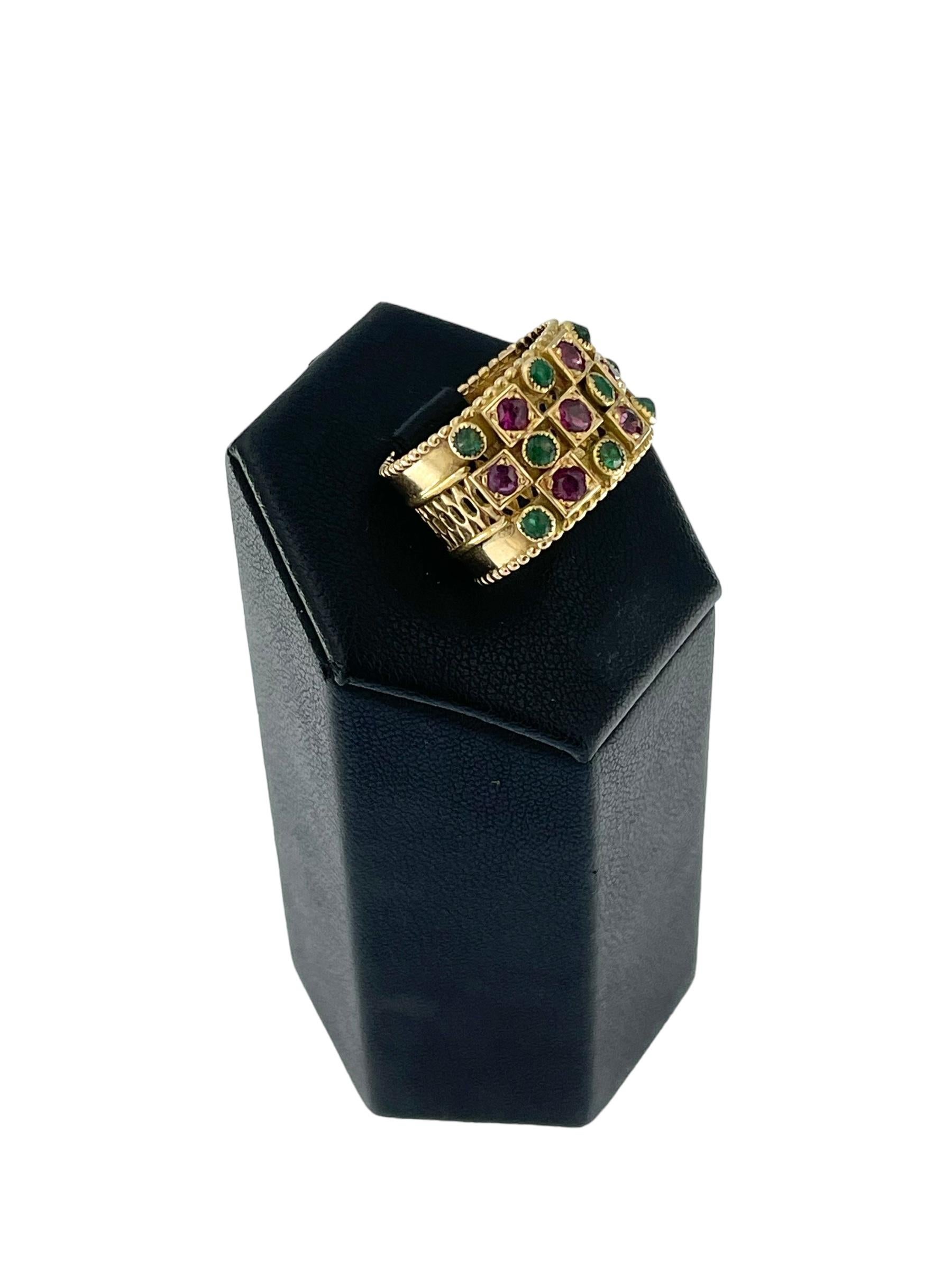 Mixed Cut Vintage French Rose Gold Band Ring with Rubies and Emeralds For Sale