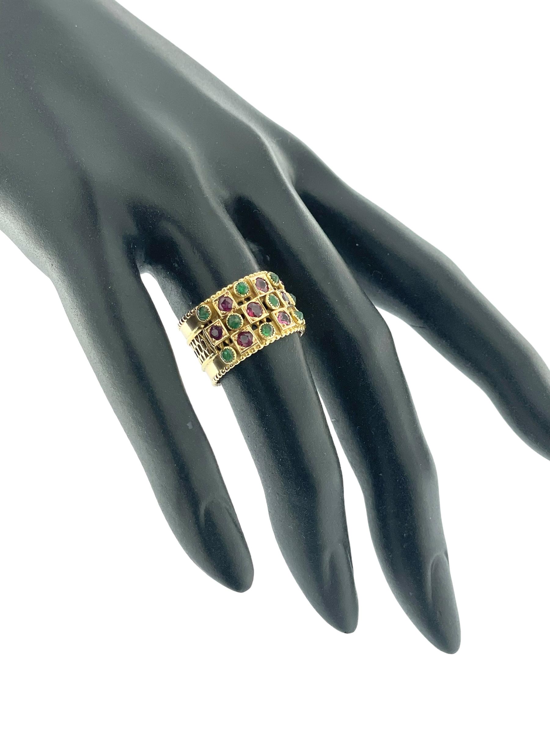 Women's or Men's Vintage French Rose Gold Band Ring with Rubies and Emeralds For Sale