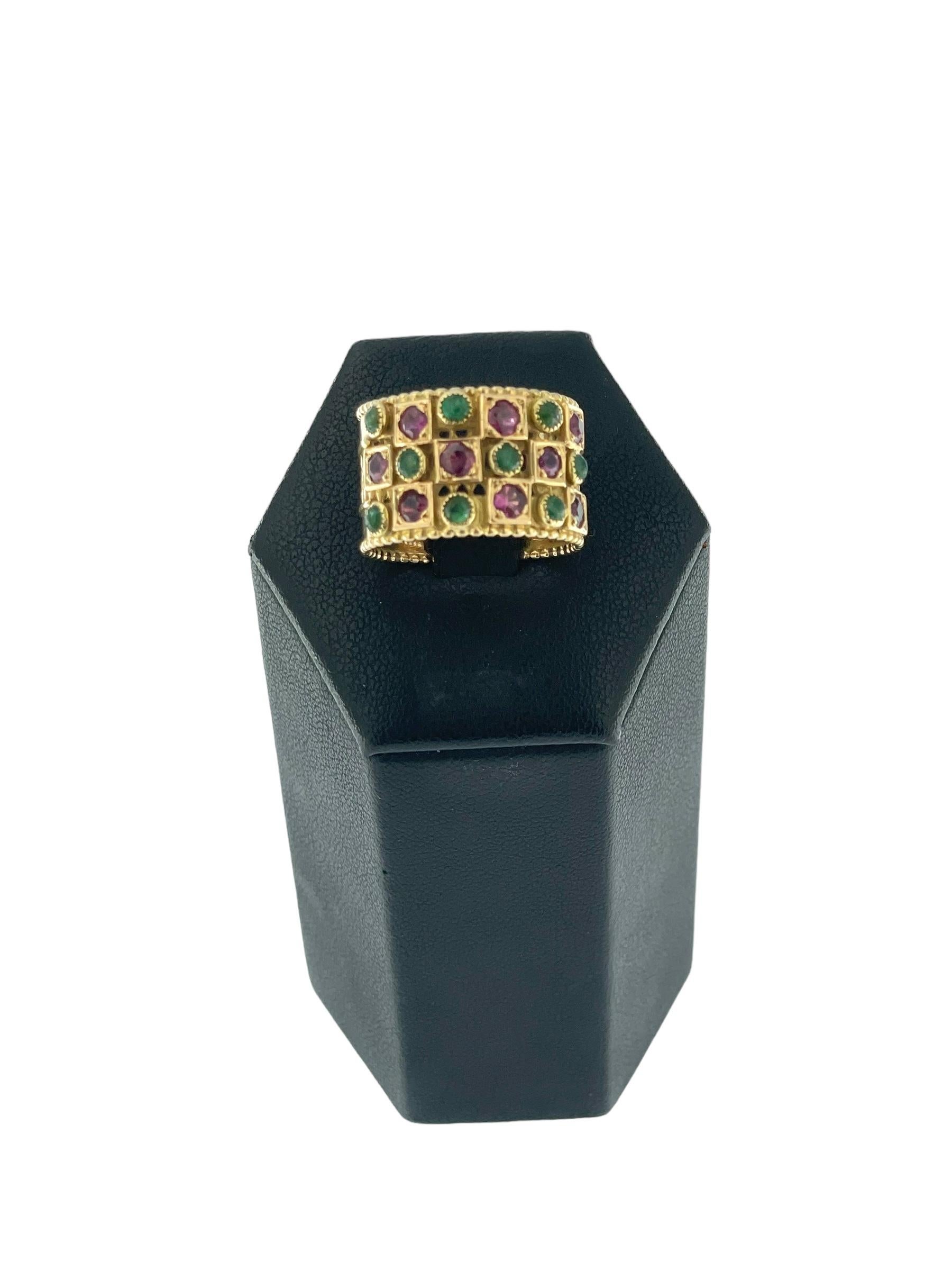 Vintage French Rose Gold Band Ring with Rubies and Emeralds For Sale 1