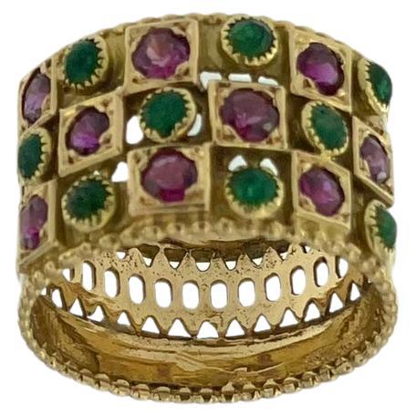 Vintage French Rose Gold Band Ring with Rubies and Emeralds