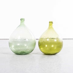 Vintage French Round Amber & Green Glass Demijohns - Pair