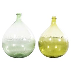 Vintage French Round Amber & Green Glass Demijohns - Pair