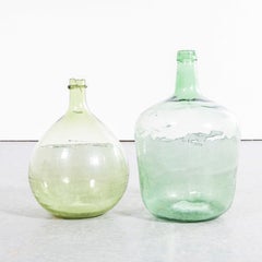 Vintage French Round Amber & Teardrop Green Glass Demijohns - Pair