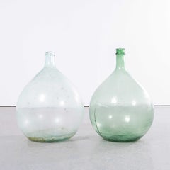 Vintage French Round Clear Blue & Green Glass Demijohns - Pair