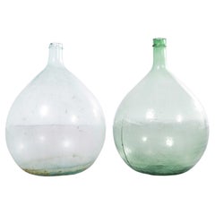 Vintage French Round Clear Blue & Green Glass Demijohns - Pair