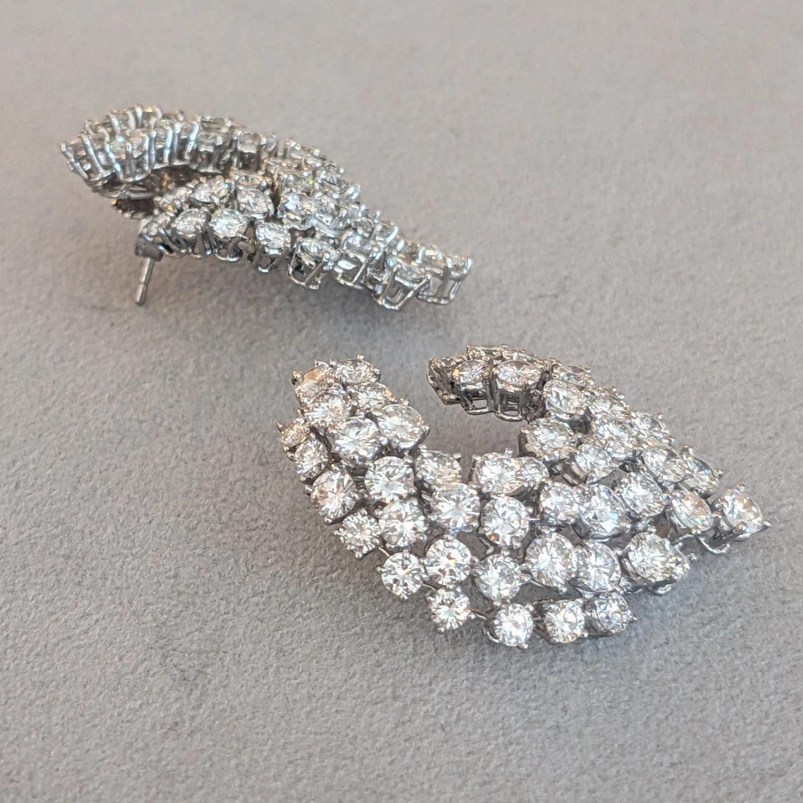 Vintage French Round Diamond Swirl Earrings 15.00 carat total weight in Platinum In Excellent Condition For Sale In La Jolla, CA