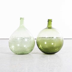 Vintage French Round Green Glass Demijohns - Pair