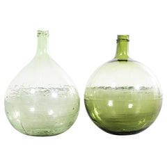 Vintage French Round Green Glass Demijohns - Pair