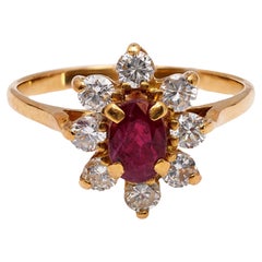 Vintage French Ruby and Diamond 18k Yellow Gold Cluster Ring