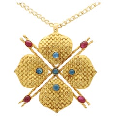 Vintage French Ruby and Sapphire Clover Pendant Set in 18k Yellow Gold 