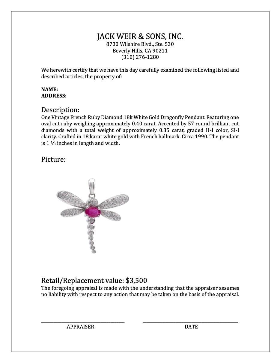 Vintage French Ruby Diamond 18k White Gold Dragonfly Pendant For Sale 1
