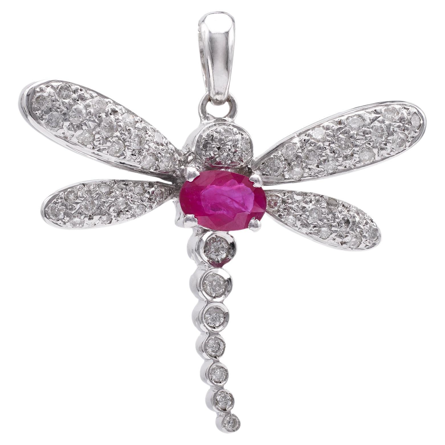 Vintage French Ruby Diamond 18k White Gold Dragonfly Pendant For Sale