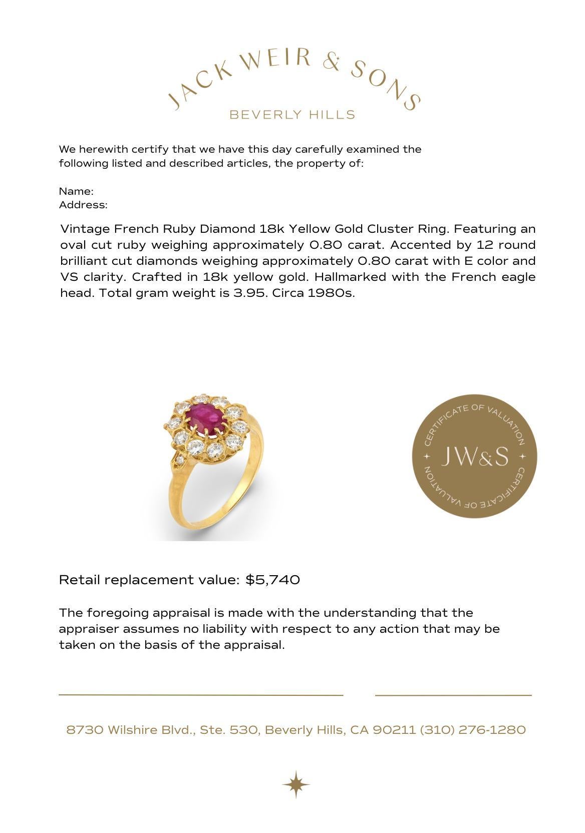 Anello a grappolo con rubino francese d'epoca e diamante in oro giallo 18 carati in vendita 1