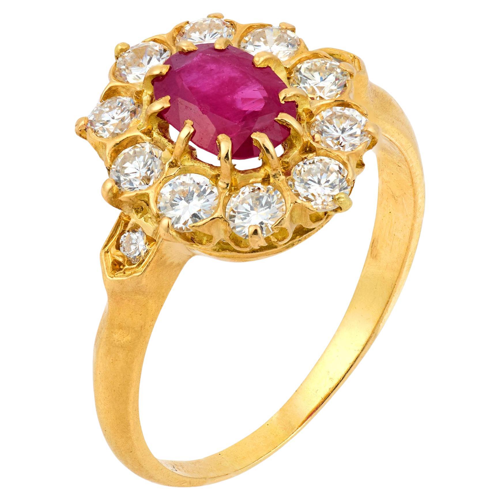 Vintage French ruby diamond 18k yellow gold cluster ring