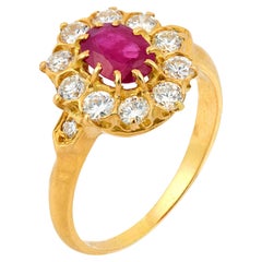 Vintage French ruby diamond 18k yellow gold cluster ring