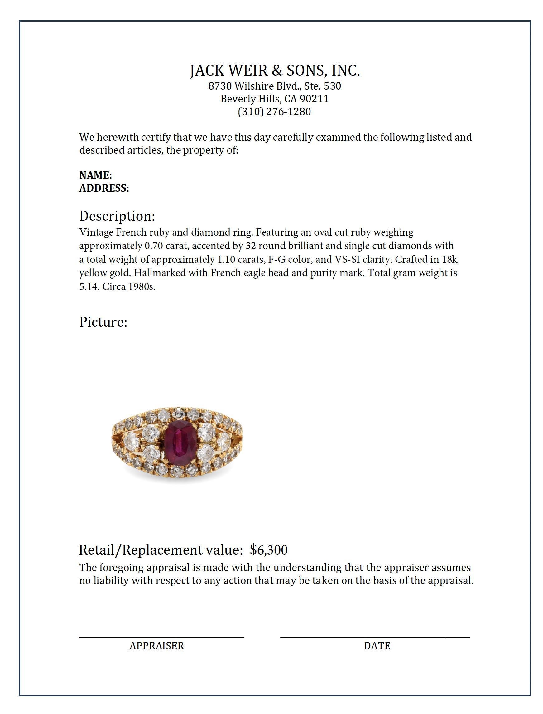 Anillo vintage francés rubí diamante oro amarillo 18k en Excelente Estado en Beverly Hills, CA