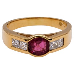 Vintage French Ruby Diamond 18k Yellow Gold Ring