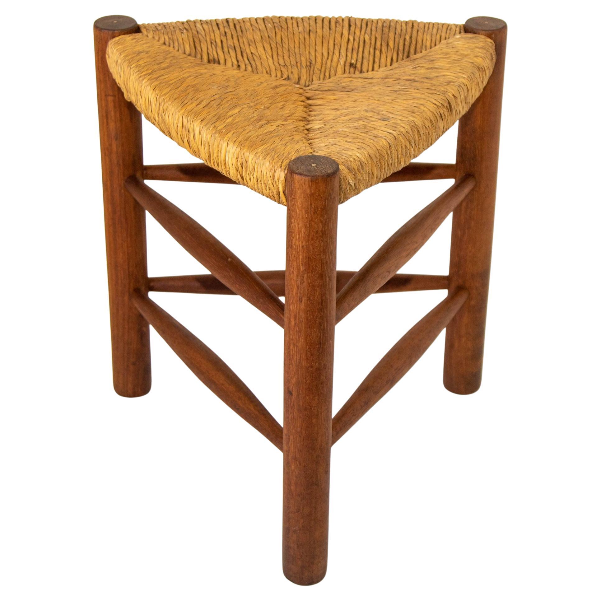 Vintage French Rush Woven Tripod Wooden Stool 1950 Charlotte Perriand Style For Sale