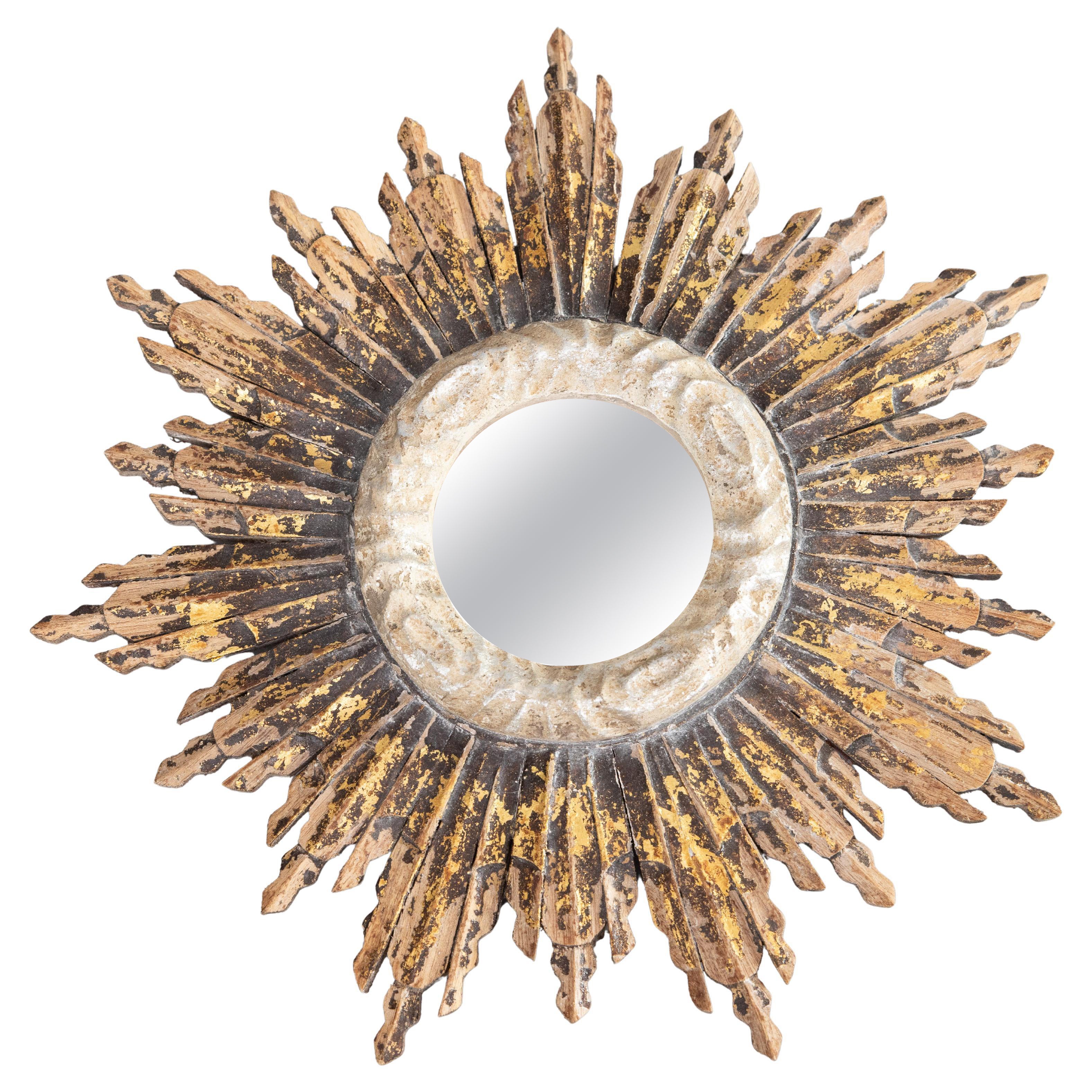 Vintage Französisch Rustikale Giltwood Sunburst Spiegel