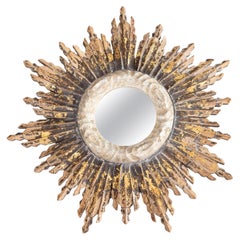 Specchio rustico francese d'epoca in legno d'orato a raggiera