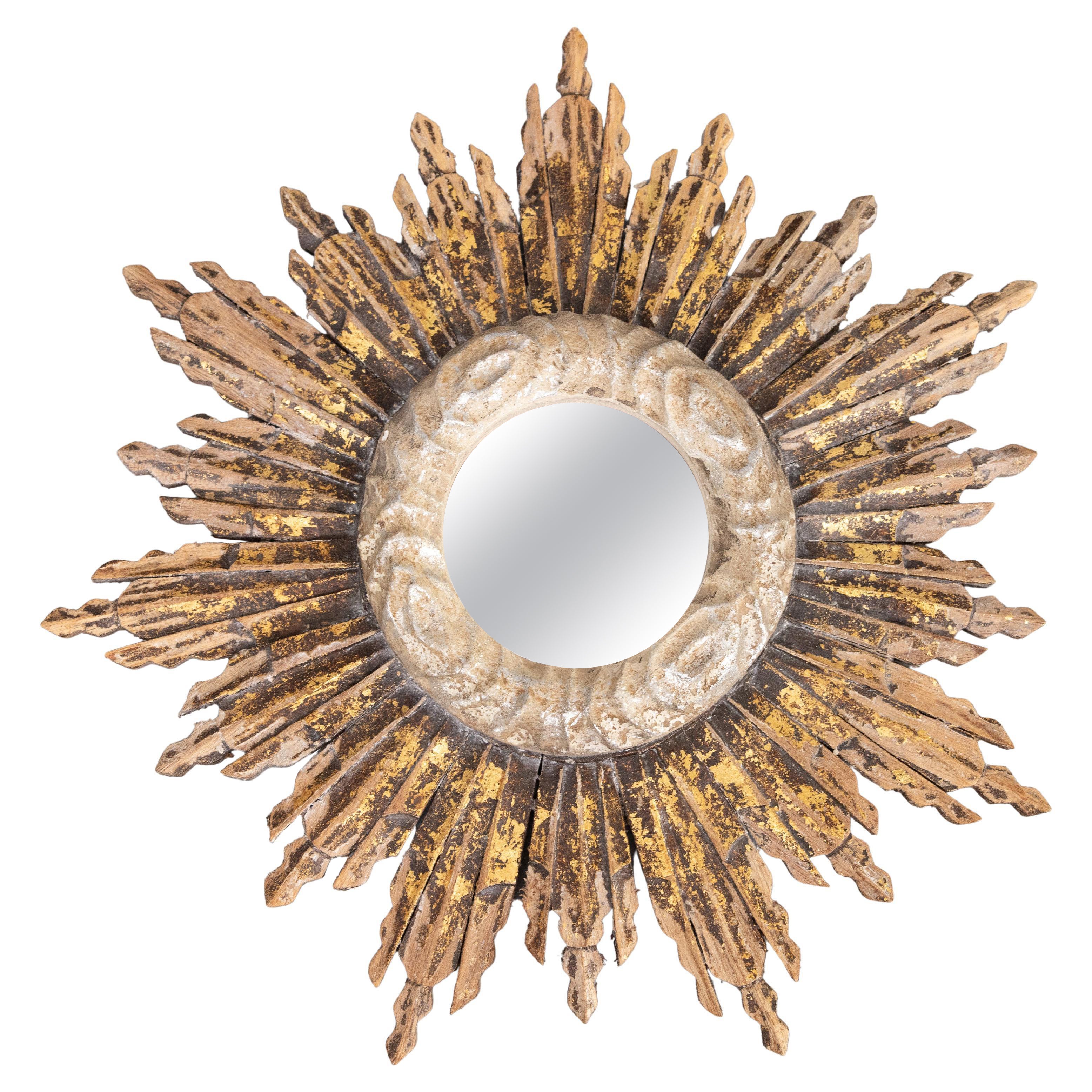 Vintage French Rustic Giltwood Sunburst Mirror (Miroir en bois doré)