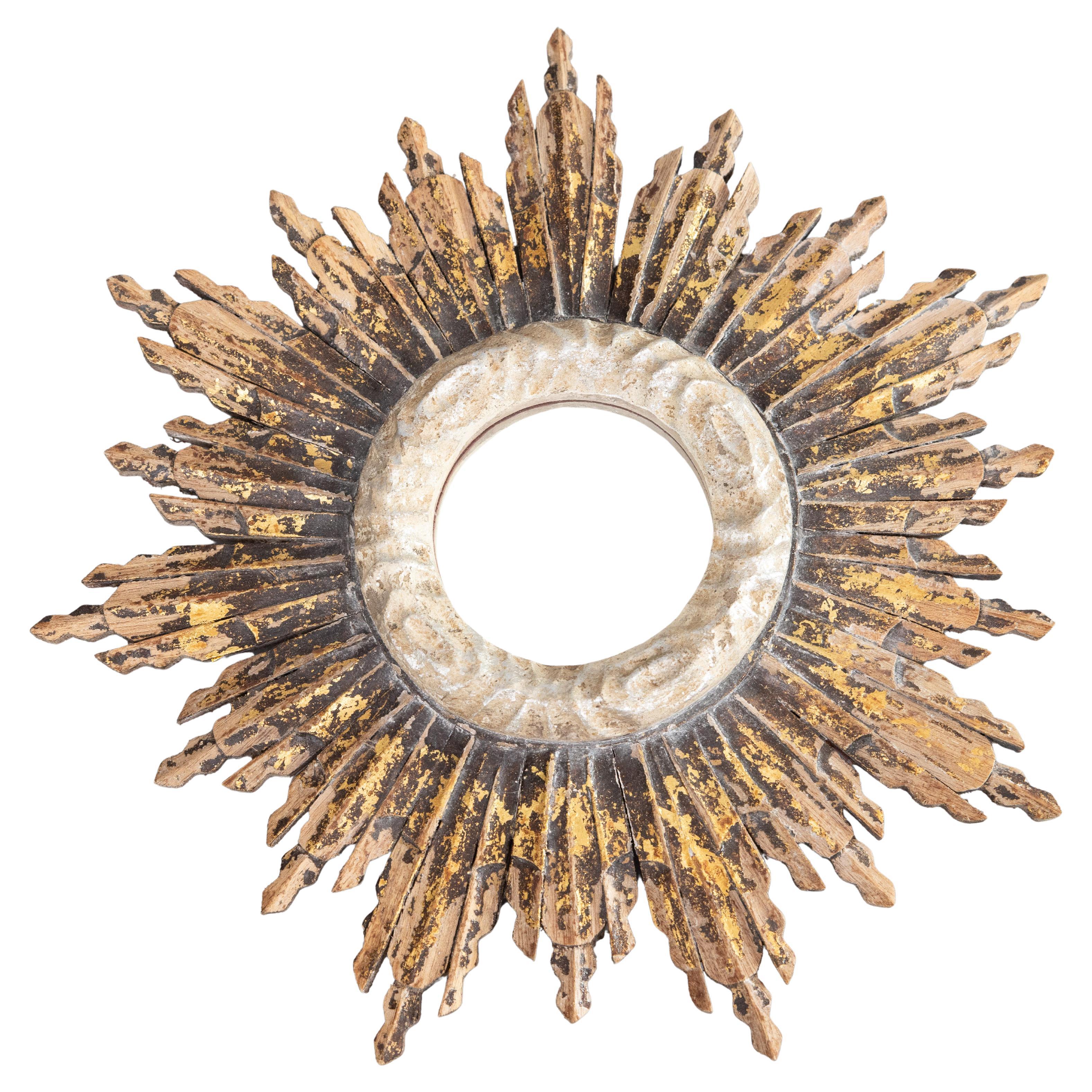 Vintage French Rustic Giltwood Sunburst Mirror (Miroir en bois doré)