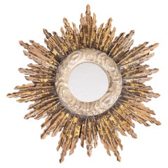 Vintage French Rustic Giltwood Sunburst Mirror (Miroir en bois doré)