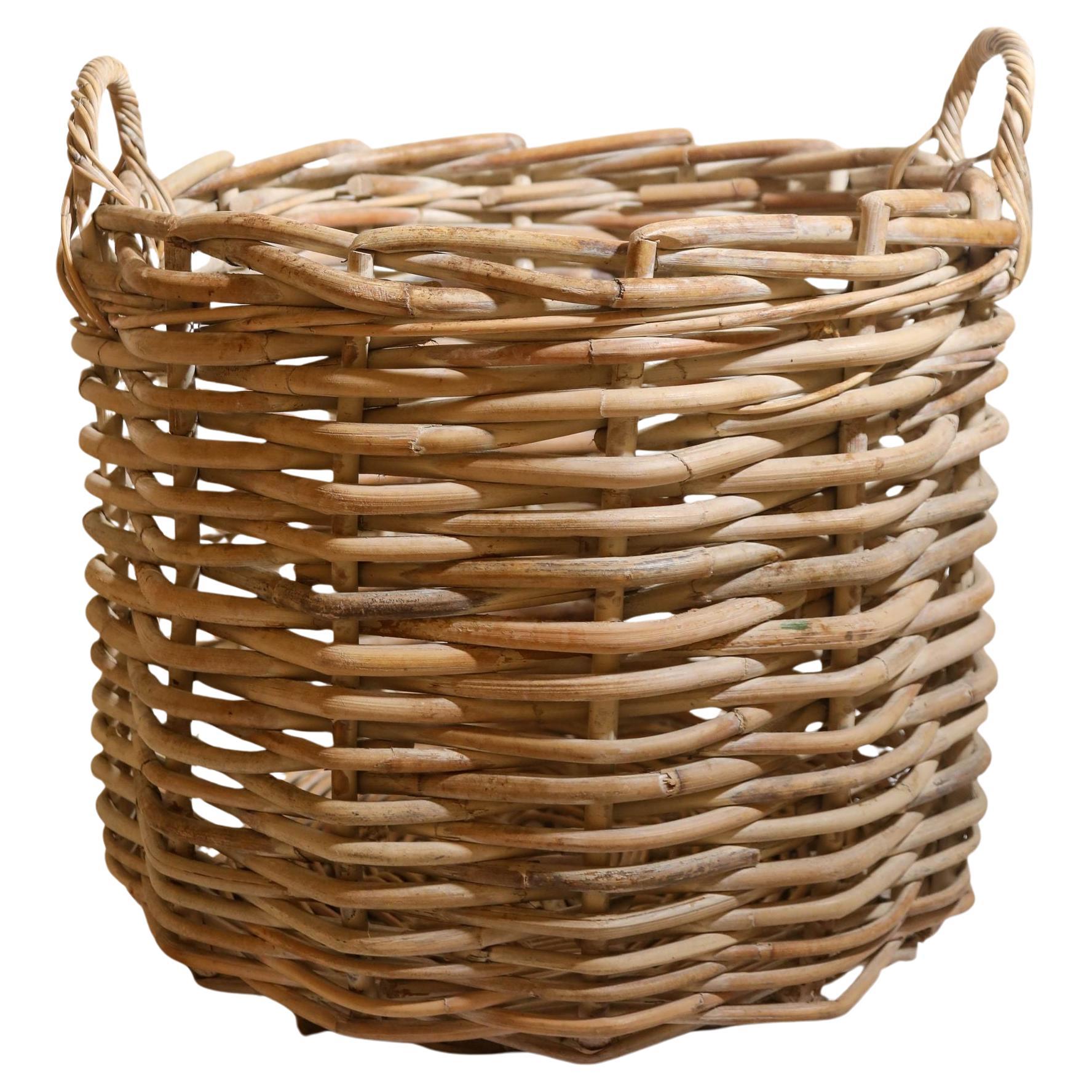 Grand panier à bûches vintage rustique français en osier tissé Country House