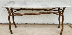 Vintage French Rustic Metal & Marble Faux Bois Branch Console Sofa Table