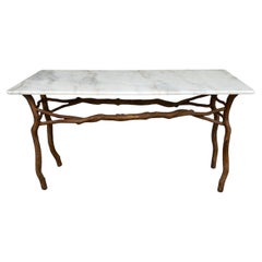 Vintage French Rustic Metal & Marble Faux Bois Branch Console Sofa Table
