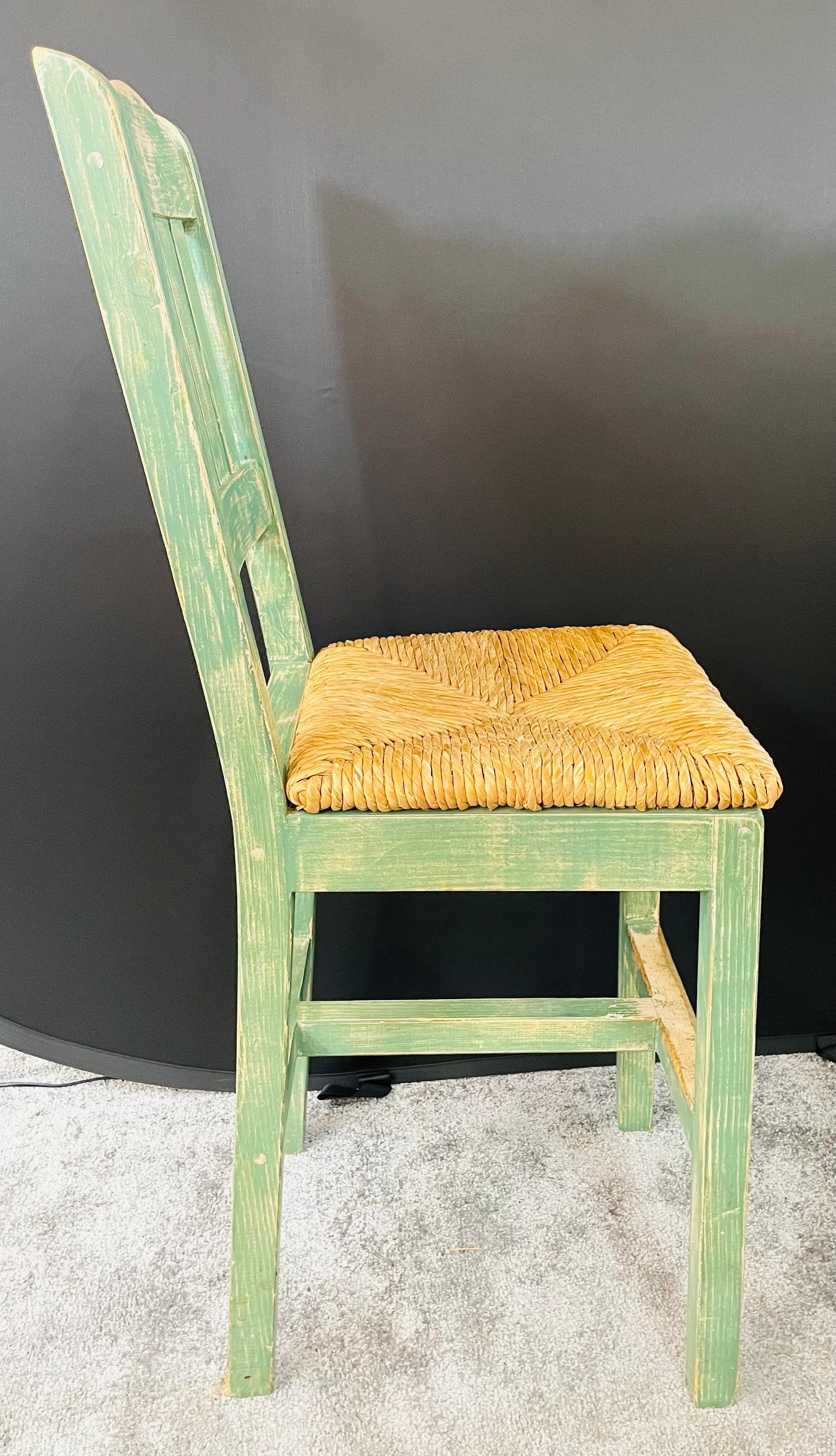 20th Century Vintage French Rustic Syle Straw Wooden Bar Stool in Green Turquoise, a Pair