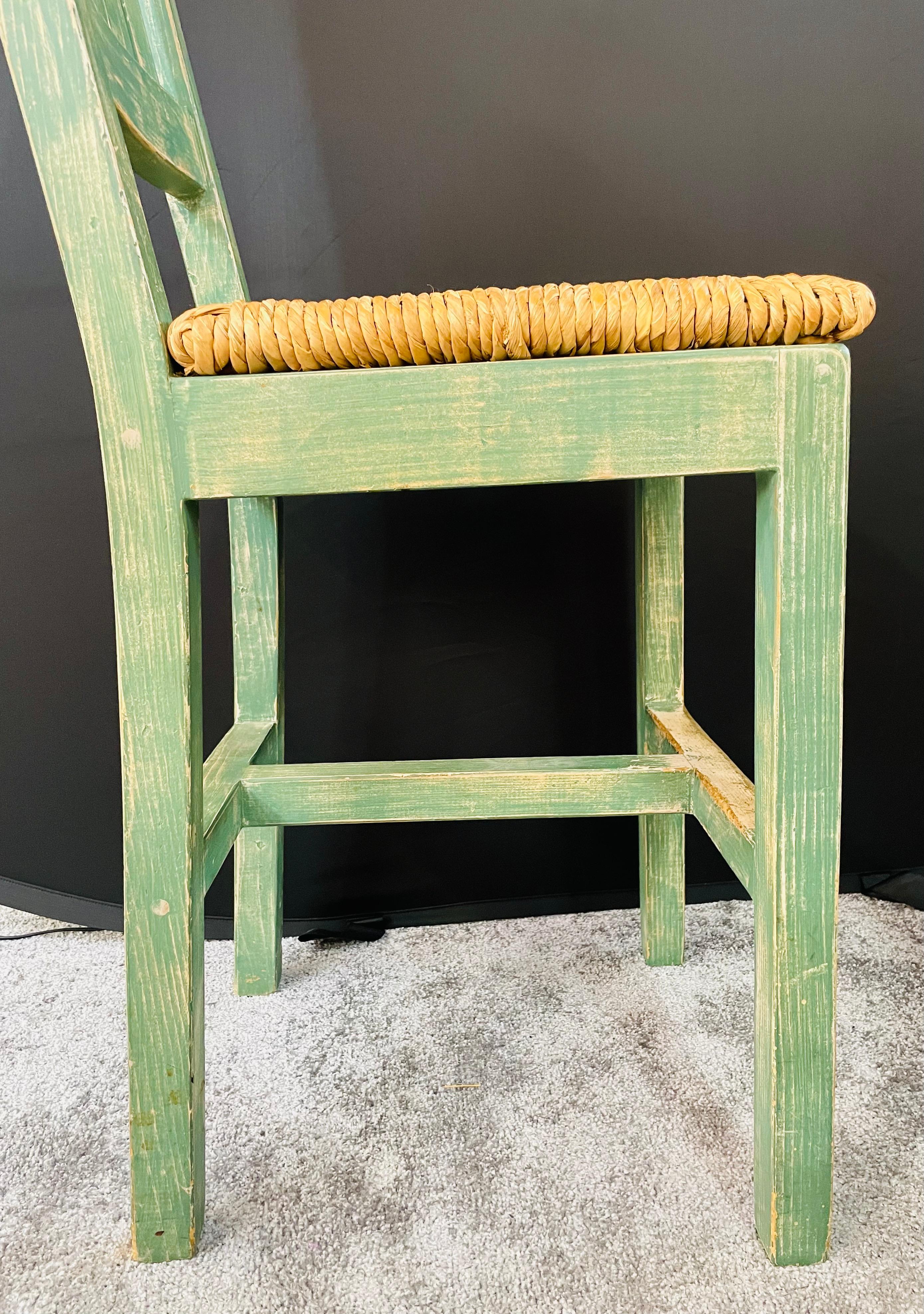 Vintage French Rustic Syle Straw Wooden Bar Stool in Green Turquoise, a Pair 1