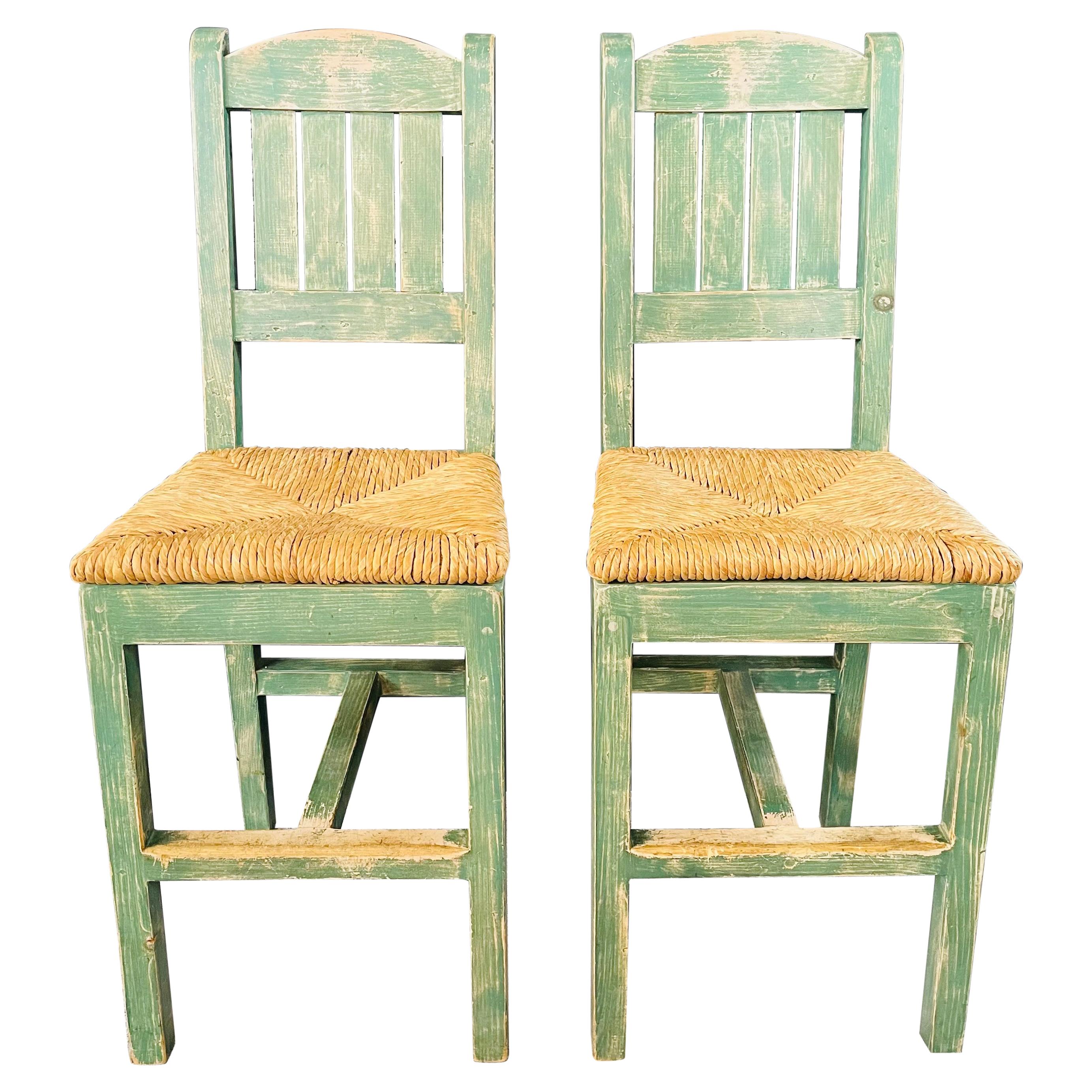 Vintage French Rustic Syle Straw Wooden Bar Stool in Green Turquoise, a Pair