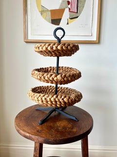 Vintage French rustic woven rush 3 tiered basket tray stand, Audoux Minet era